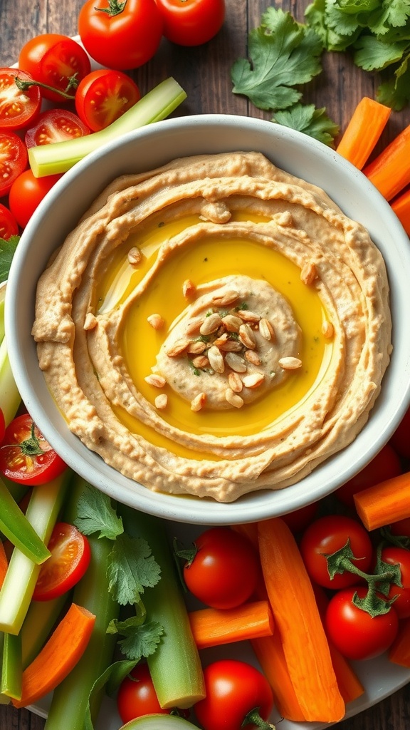 Bowl of pesto hummus with various fresh vegetables for dipping on a wooden table.
